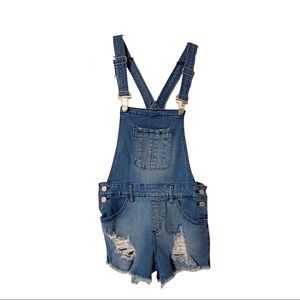 Refuge Denim Light Wash Blue Overall Shorts Shortalls Distressed Women's Size 2